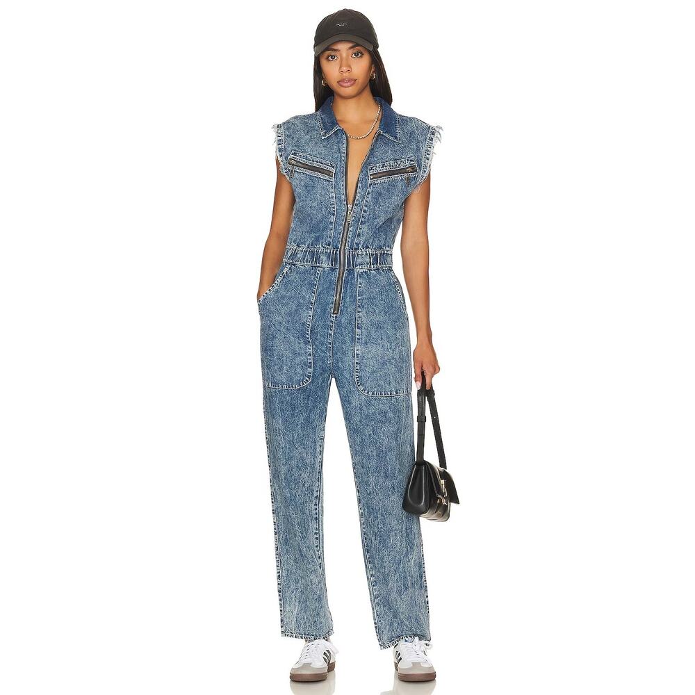 One Teaspoon Olivia Denim Sleeveless Overall Jumpsuit Zip Front Acid Blue Size S